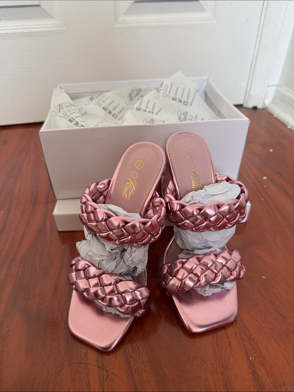 Braided Metallic Pink Heeled Slides